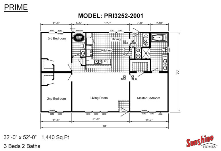 Sunshine Homes - Prime PRI3252-2001 V2 Mobile Home - 3BR/2BA - 32x52 - 1440 sqft - Image 2